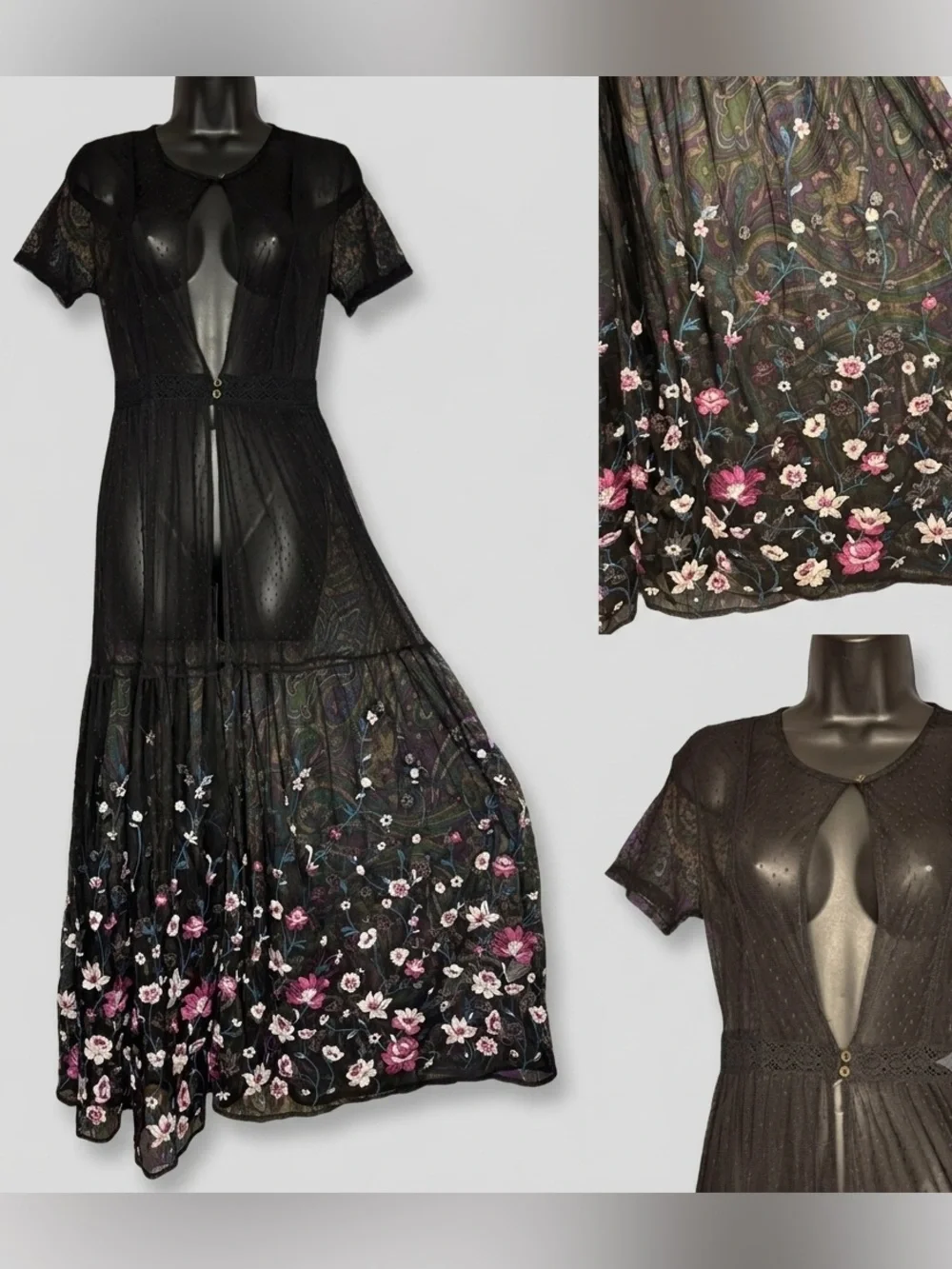 Black Floral Mesh Maxi Dress Size Large Sheer Embroidered Overlay Kimono Style